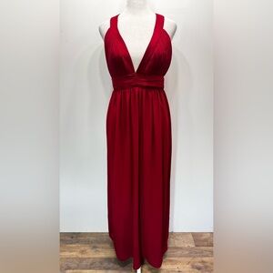 TFNC London Burgundy Sonia Maxi Dress Pleated Bust Plunging V Neckline Open Back